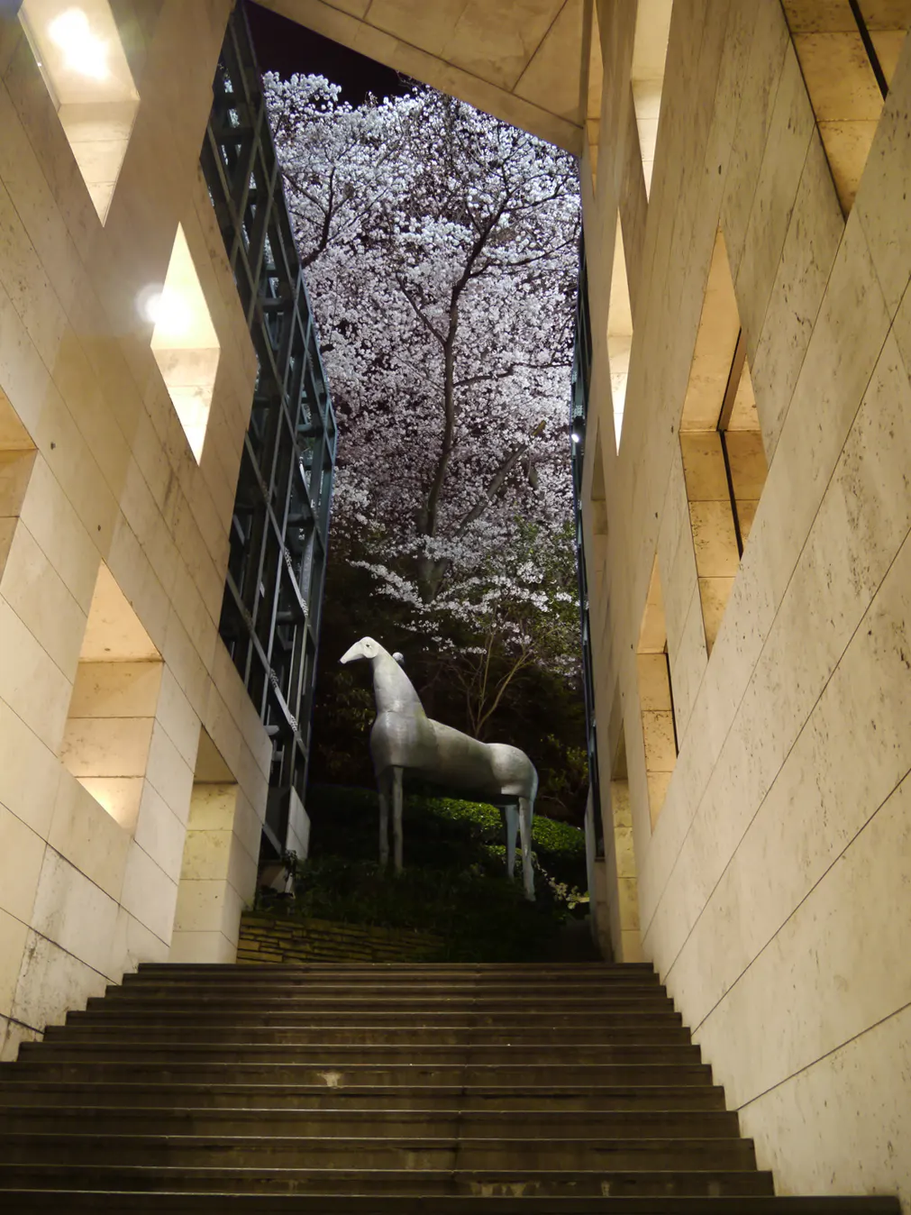 東京デザインセンターの馬の彫刻と桜